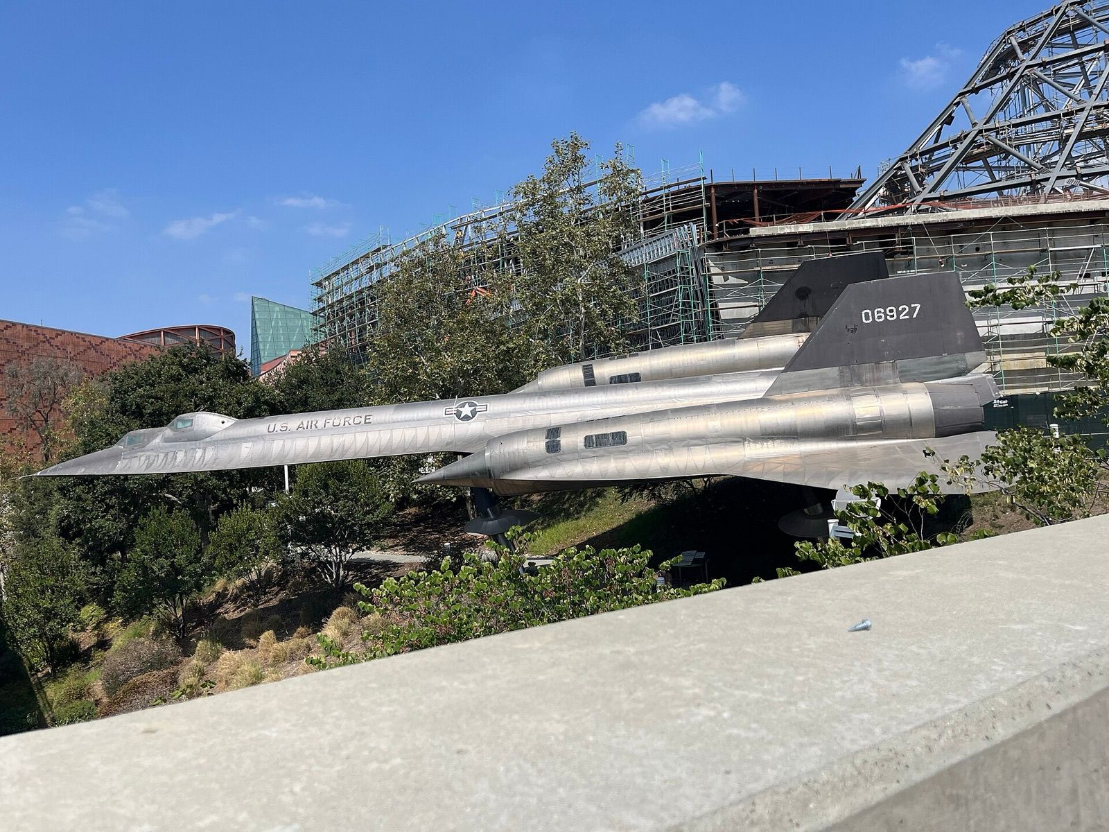 A-12 60-6927, the two-seat A-12 trainer, on pylon display outside the California Science Center, Los Angeles, on 23 August 2024.