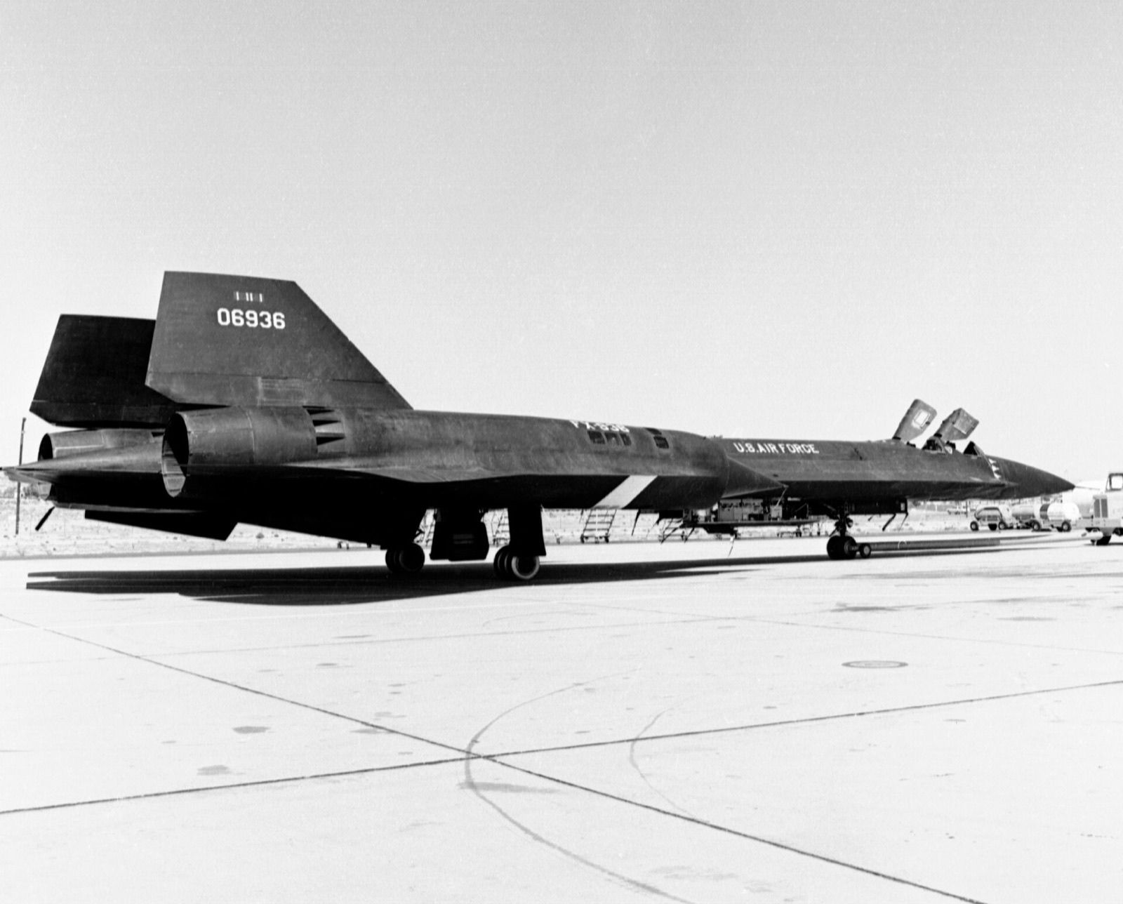 YF-12A 60-6936 on the ramp at the NASA Flight Research Center, Edwards, California, on its arrival for the joint USAF and NASA research program in 1969.