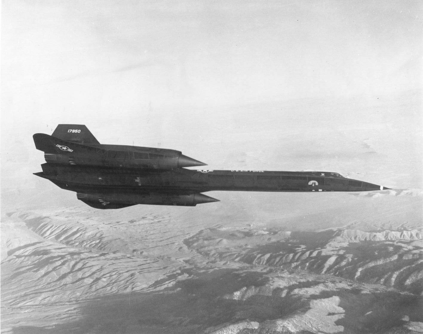 SR-71A 61-7950, the first SR-71 built, in flight, in a U.S. Air Force photograph.