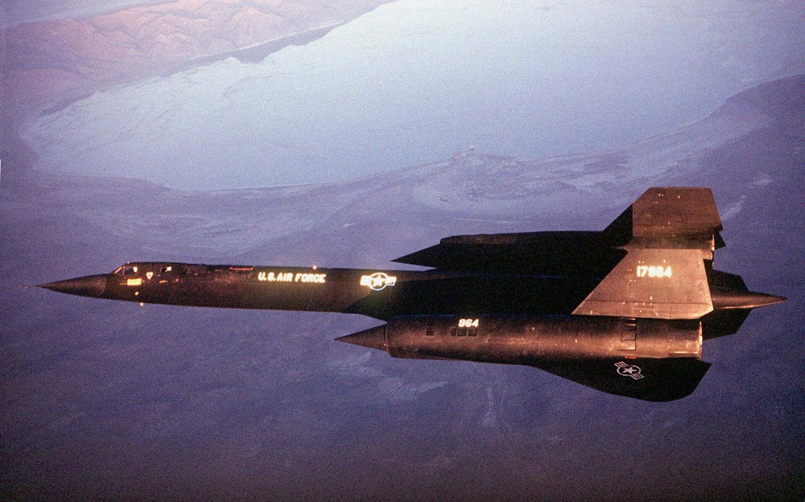 SR-71A 61-7964 of the 9th Strategic Reconnaissance Wing in flight near Beale Air Force Base, California.