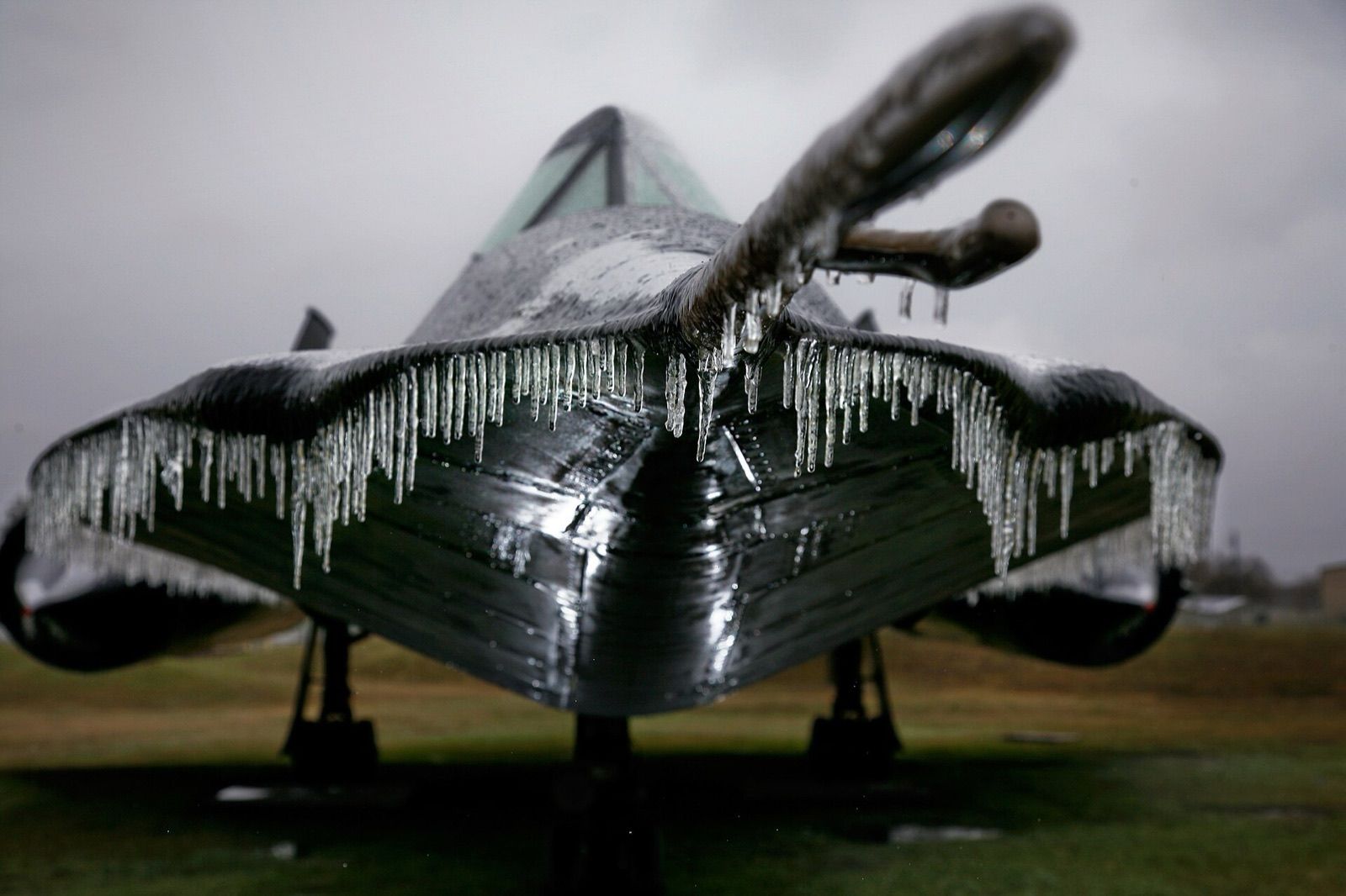 Ice from freezing rain on the nose of SR-71A 61-7979, the static display aircraft at Lackland Air Force Base, Texas, in January 2007.