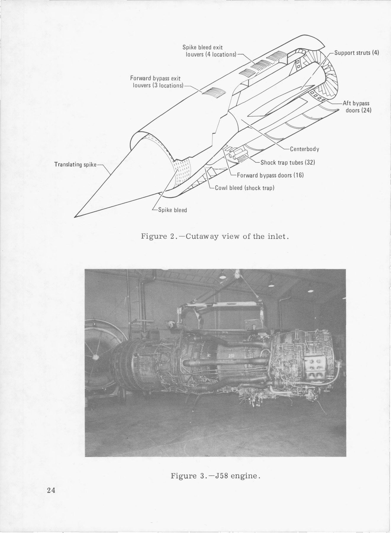 NASA's cutaway of the inlet: 16 forward bypass doors, 24 aft bypass doors, 32 shock trap tubes and 4 spike struts. Drawn for the YF-12 program, which used the same inlet.