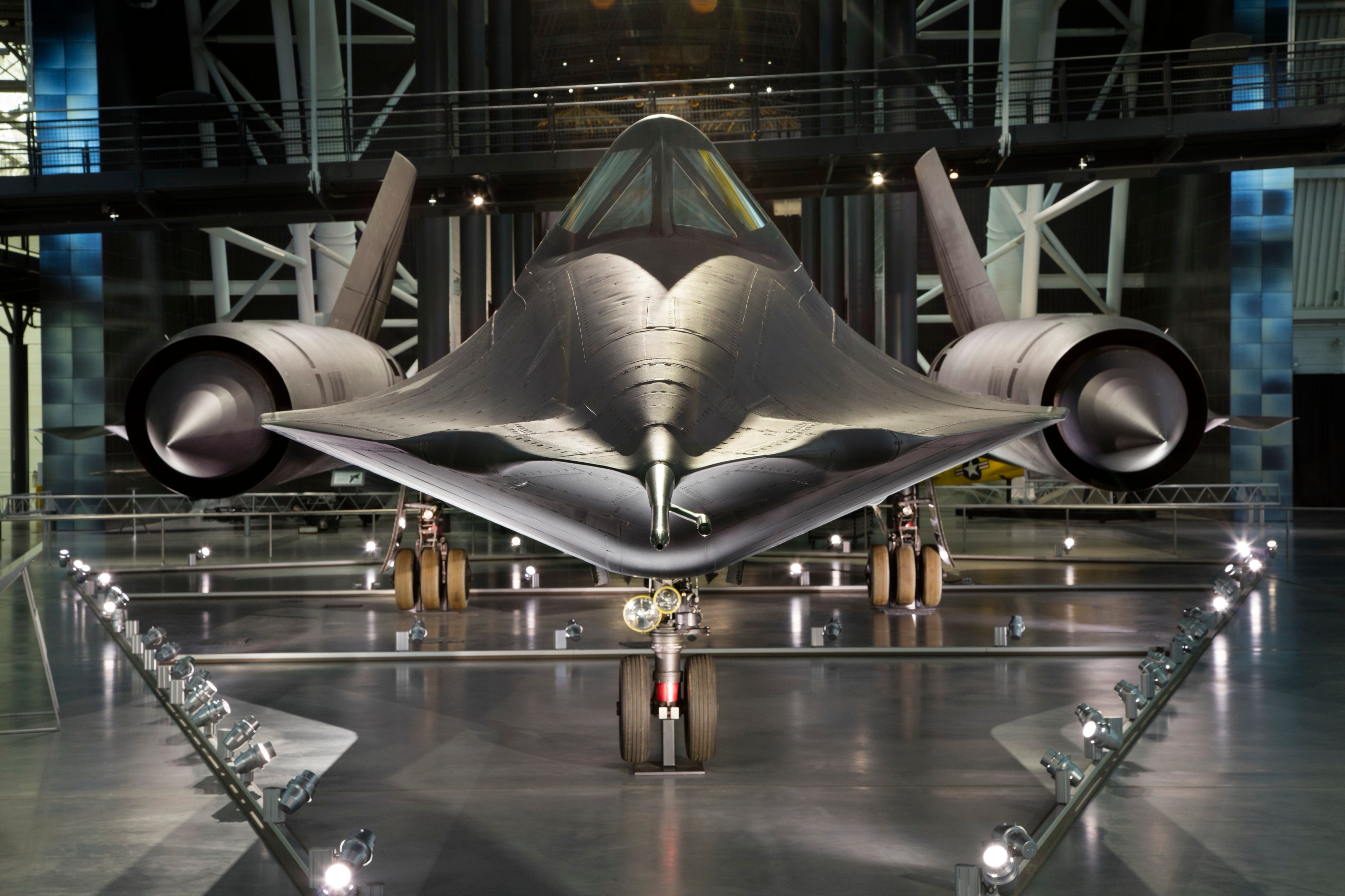 SR-71A 61-7972 seen nose-on in the Boeing Aviation Hangar of the Smithsonian's Steven F. Udvar-Hazy Center, Chantilly, Virginia.