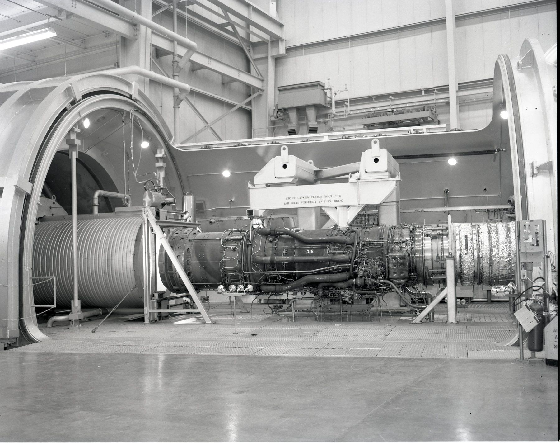 A J58 in an altitude test chamber at NASA's Lewis Research Center, March 1974.