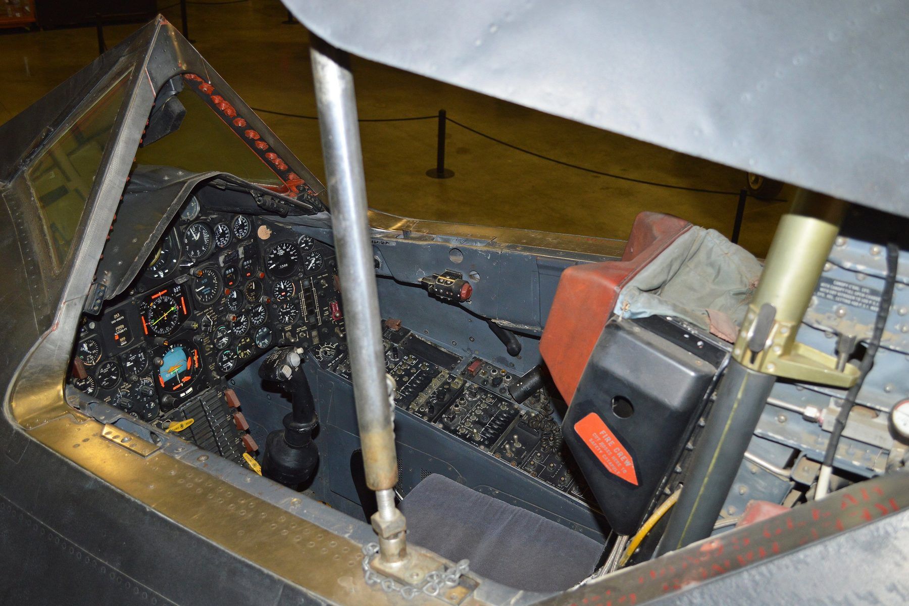 The pilot's cockpit of SR-71A 61-7975 at the March Field Air Museum, California, canopy open.